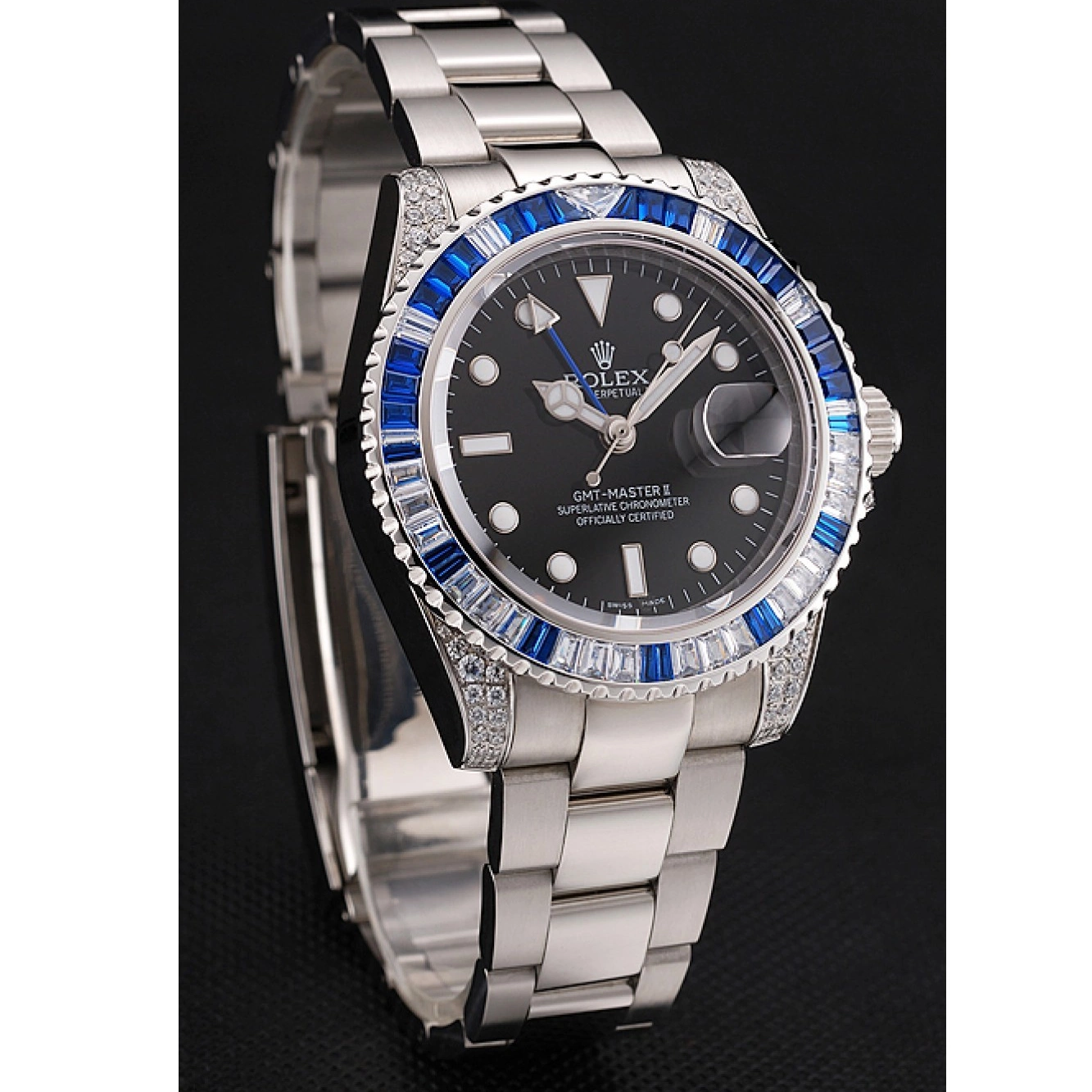AAA replica watch Black Stone Bracelet GMT Swiss Dial Stainless Master Steel Case And Rolex Set II Bezel 1453747 0620